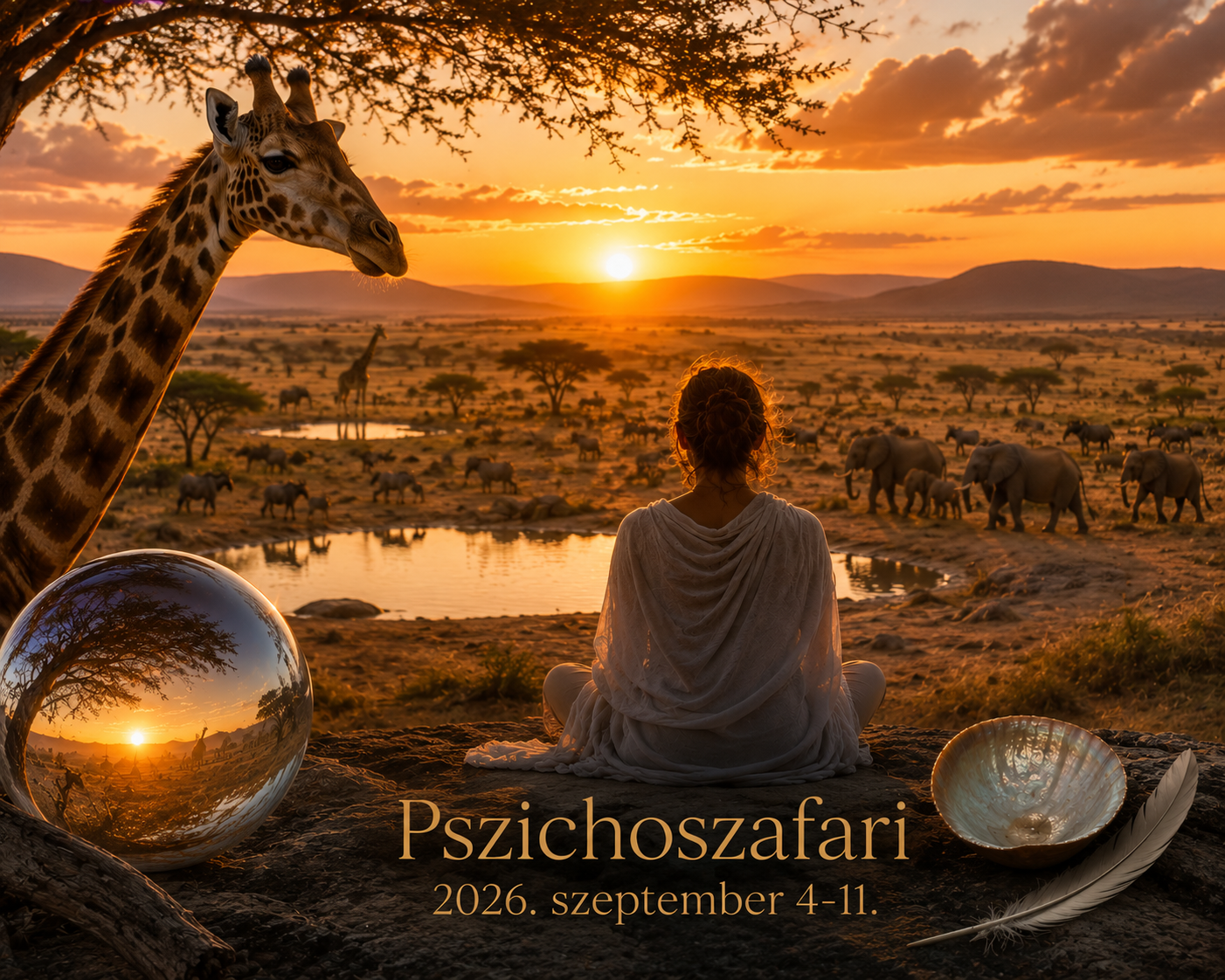 Pszichoszafari Tanzániában 2026. szeptember 4–11. – önismereti utazás a Serengeti vadonjában, zsiráfokkal és elefántokkal.